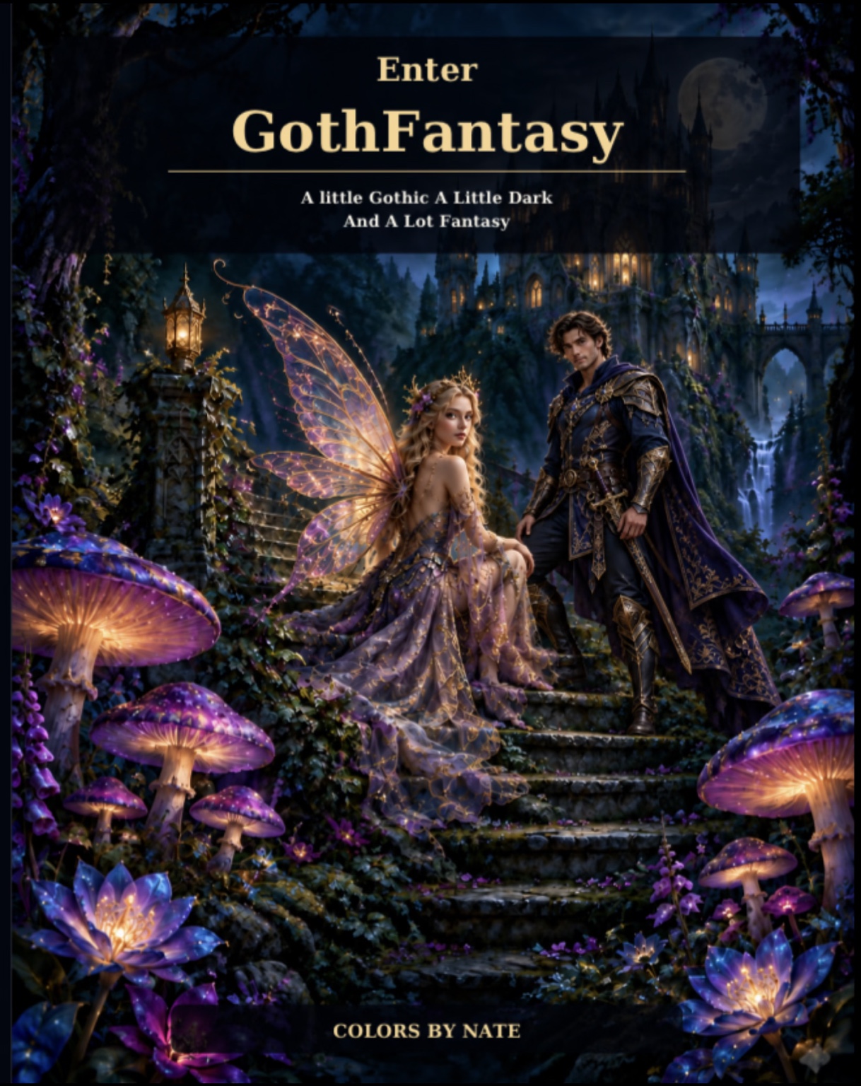 Enter GothFantasy cover showing a winged fairy and a knight in a moonlit castle garden