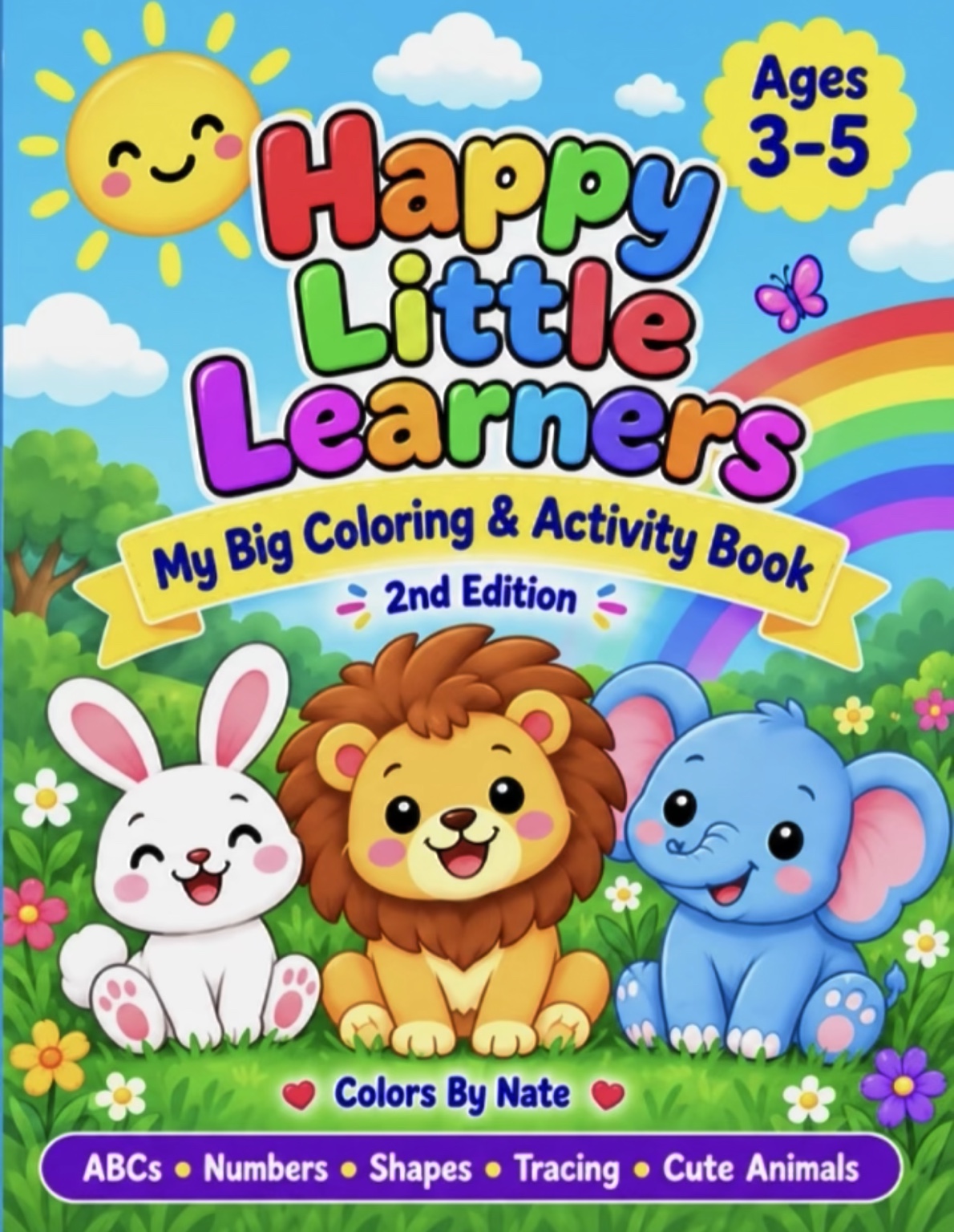Happy Little Learners second edition front cover with a bunny, lion, elephant, rainbow, and sunshine