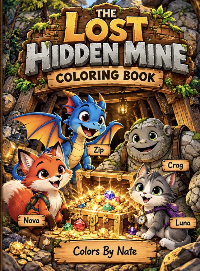 The Lost Hidden Mine Coloring Book cover with Nova the fox, Zip the dragon, Crag the rock golem, and Luna the cat